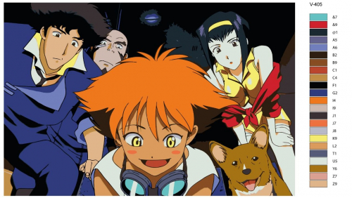 Картина по номерам V-405 "Аниме: Ковбой Бибоп (Cowboy Bebop). Спайк Шпигель, Фэй Валентайн, Джет Блэк, Эдвард (Spike Spiegel, Faye Valentine, Jet Black, Edward)", 60x90 см
