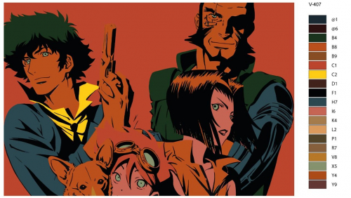 Картина по номерам V-407 "Аниме: Ковбой Бибоп (Cowboy Bebop). Спайк Шпигель, Фэй Валентайн, Джет Блэк, Эдвард (Spike Spiegel, Faye Valentine, Jet Black, Edward)", 50x70 см