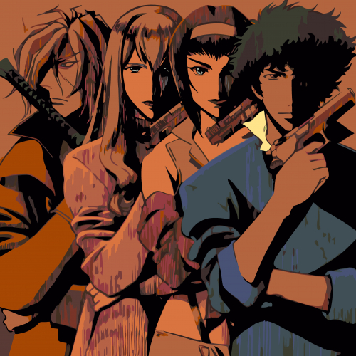 Картина по номерам V-398 "Аниме: Ковбой Бибоп (Cowboy Bebop). Спайк Шпигель, Фэй Валентайн, Джулия, Вишез (Spike Spiegel, Faye Valentine, Julia, Vicious)", 70x70 см