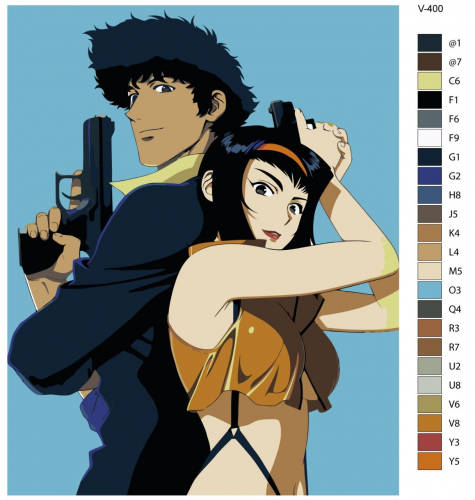 Картина по номерам V-400 "Аниме: Ковбой Бибоп (Cowboy Bebop). Спайк Шпигель, Фэй Валентайн (Spike Spiegel, Faye Valentine)", 60x80 см
