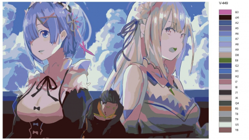 Картина по номерам V-449 "Аниме RE:ZERO (РЕ ЗЕРО). Субару Нацуки и Рем, Эмилия. Natsuki Subaru и Rem, Emilia", 80x120 см
